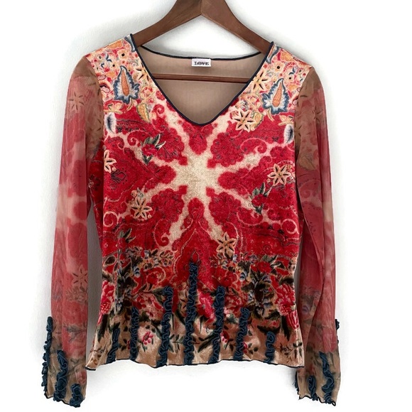 LOVE AMOUR Artsy Top Red Print Velvety V-Neck Sheer Mesh Long Sleeves, fits S/M - Picture 1 of 17